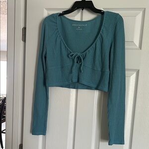 Aeropostale Blue Ribbed Tie Front Crop Blouse